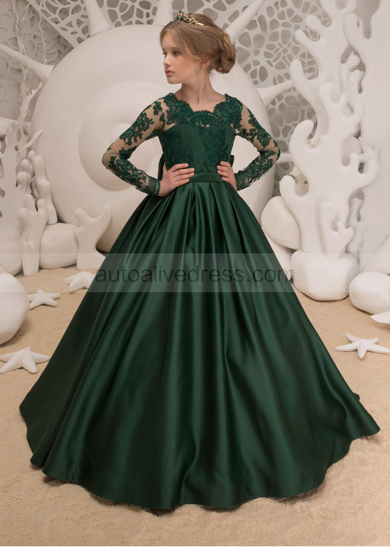 Green Lace Satin Long Sleeves Flower Girl Dress